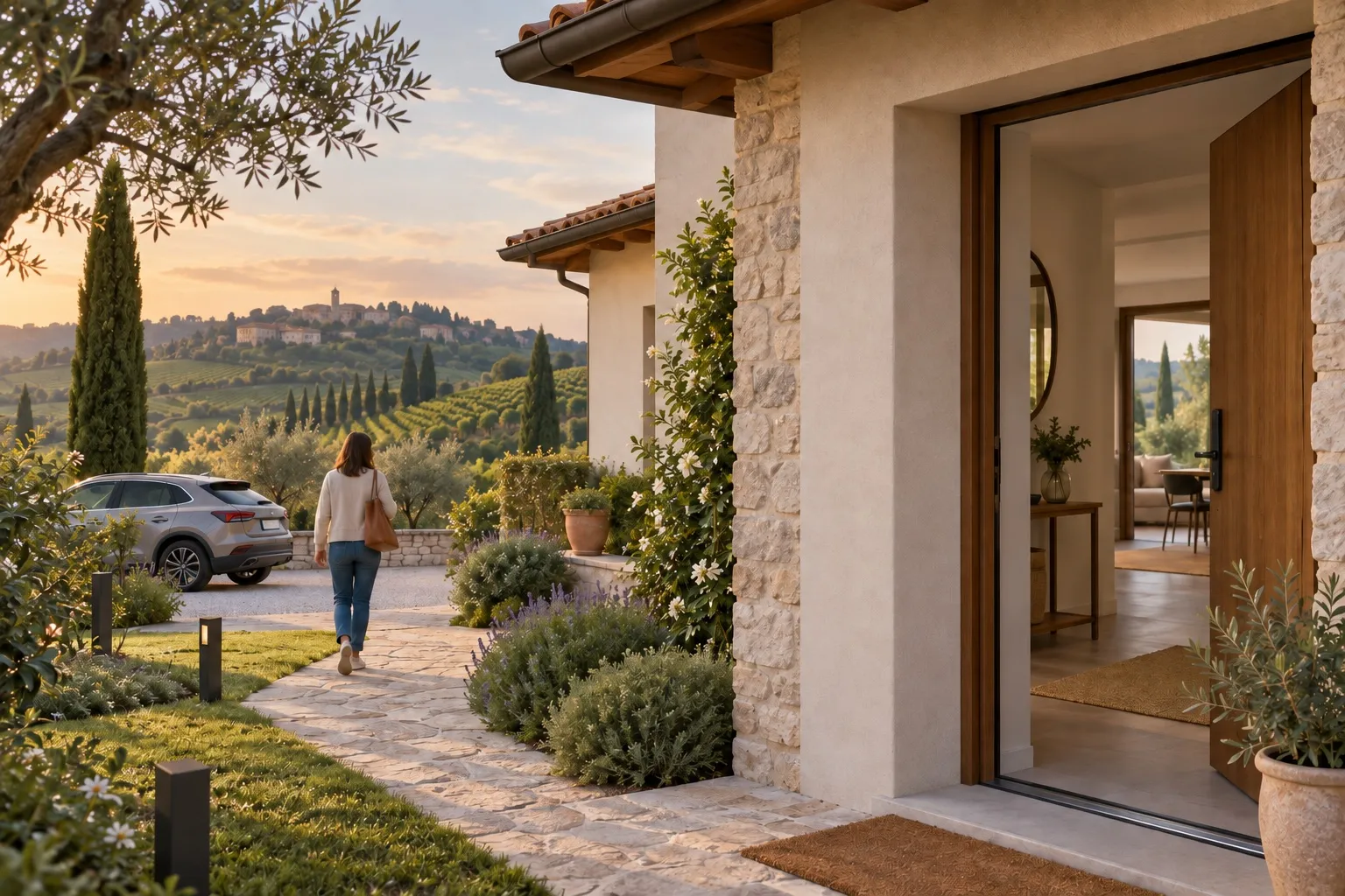 Illustrazione di una casa con giardino in un paesaggio collinare