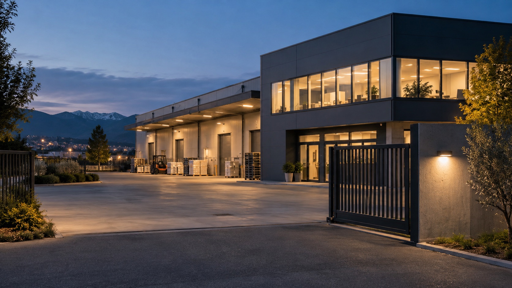 Immagine illustrativa di una sede aziendale con accessi e cortile all'ora blu