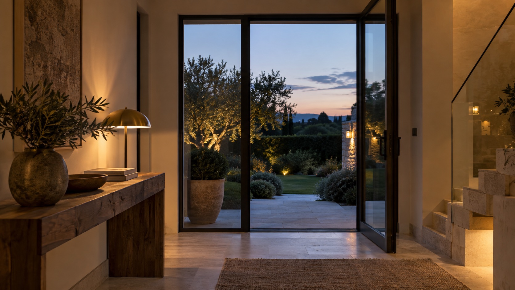 Immagine illustrativa di un ingresso residenziale con vetrate affacciate sul giardino