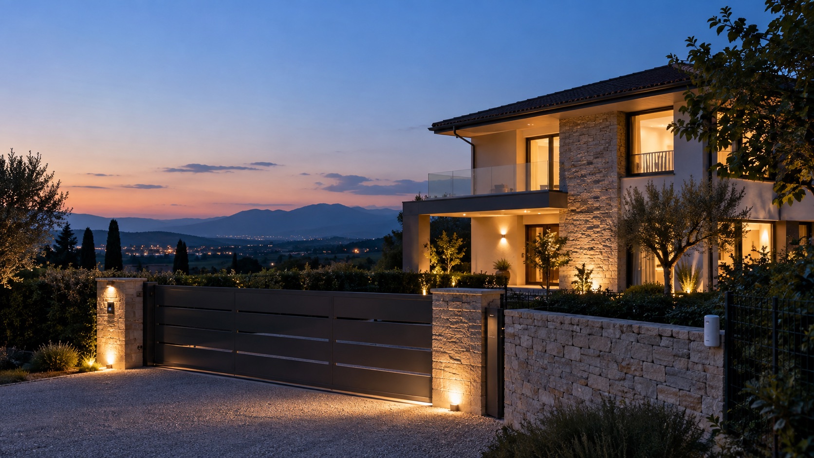 Immagine illustrativa di una villa con giardino e ingresso al crepuscolo