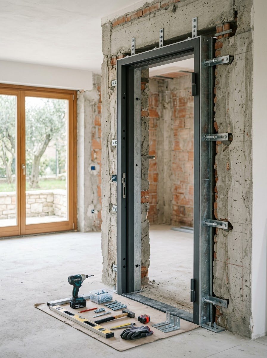 Telaio e ancoraggi di una porta per locale protetto